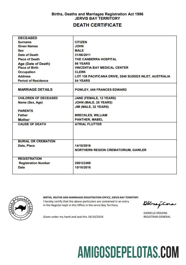 Em branco modelo de certidão de óbito do território da Baía Jervis da Austrália em formato Word